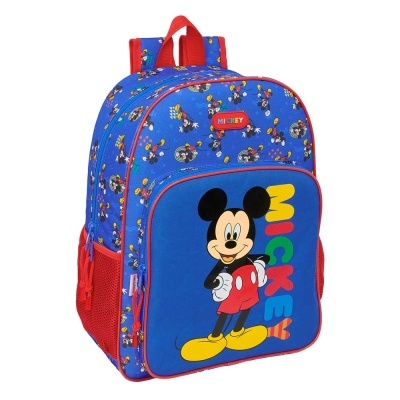 Mochila azul com estampa de Mickey Mouse e detalhes vermelhos