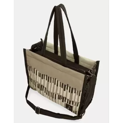 Mala tote bege e castanho com padrão de teclas de piano e alça ajustável