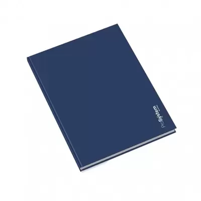 Caderno azul com texto ProSystem na capa