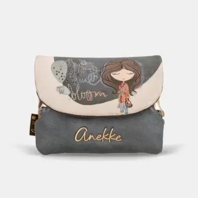 Bolsa pequena cinzento escuro e bege com desenho de rapariga e texto bloom e Anekke