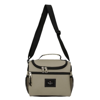 Bolsa térmica bege com alça preta e bolso frontal com etiqueta Pepe Jeans