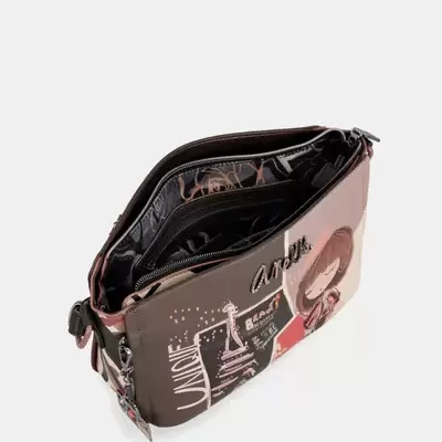 Carteira colorida com padrão ilustrado e texto Anekke