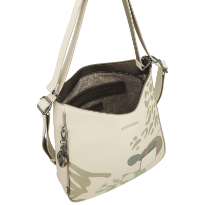 Mala de ombro creme com padrões verdes e bege e fecho superior de correr