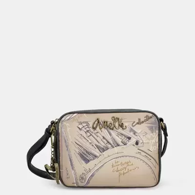 Bolsa de ombro Anekke quadrada bege com ilustrações e alça preta