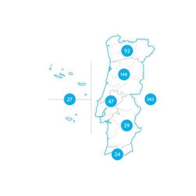 Mapa de Portugal com números azuis em várias regiões representando quantidades.