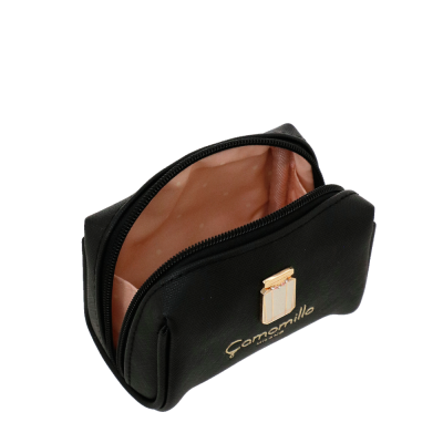 Necessaire preta com interior bege e logótipo dourado