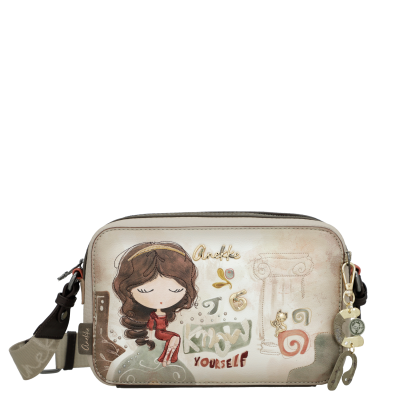 Mala carteira bege com ilustração colorida de rapariga e texto Know Yourself