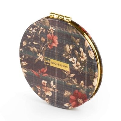 Espelho de bolso redondo com padrão floral e detalhes dourados