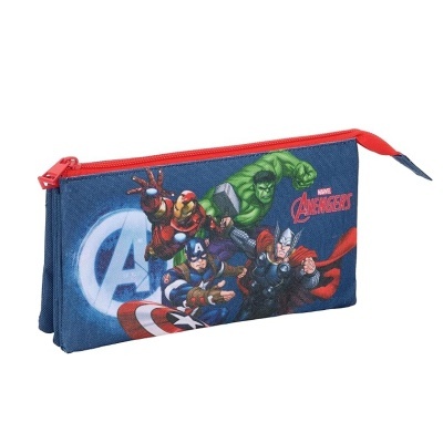 Estojo azul com fecho vermelho, estampado com personagens Marvel Avengers e logo vermelho.