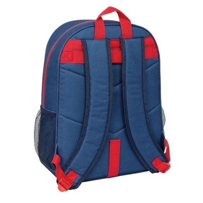 Mochila azul com detalhes vermelhos e bolso lateral em tela