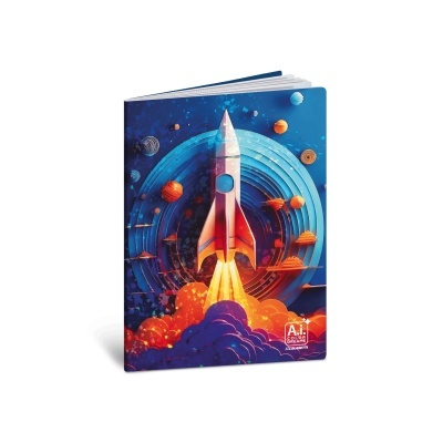 Caderno com capa ilustrada de um foguete a levantar voo no espaço com planetas e anéis azuis