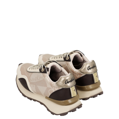 Sapatilhas Anekke bege, castanho e dourado com sola de borracha e padrão geométrico