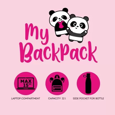 Design com texto My BackPack, pandas e ícones de características de mochila em fundo rosa