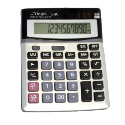 Calculadora de secretária cinza, preta e lilás com ecrã LCD