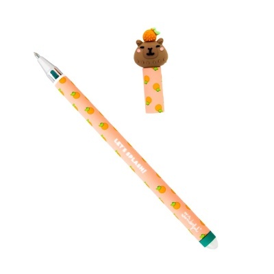 Caneta multicolor rosa com padrão de laranjas e tampa urso castanho com laranja.