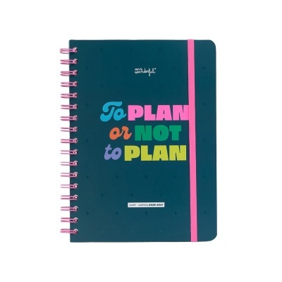 Agenda espiralada azul com texto colorido e elástico rosa