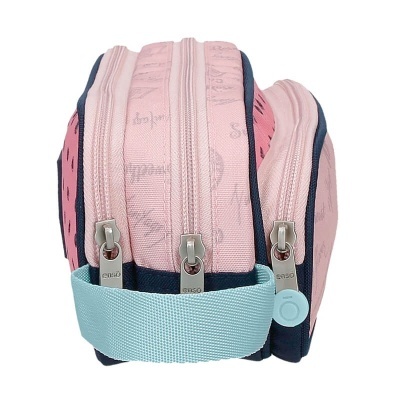 Três bolsas compactas rosas com zíperes prateados e detalhes azuis