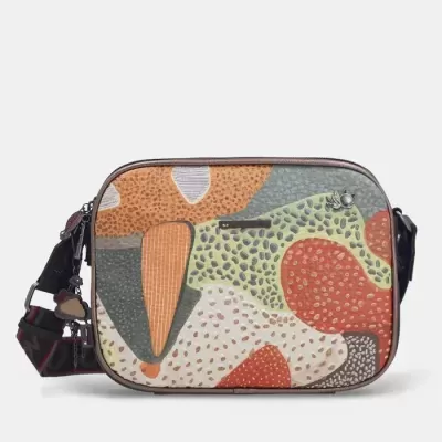 Bolsa de ombro colorida com padrão abstrato e alça preta ajustável