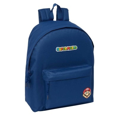 Mochila azul com logo SUPER MARIO e imagem do Mario no bolso frontal