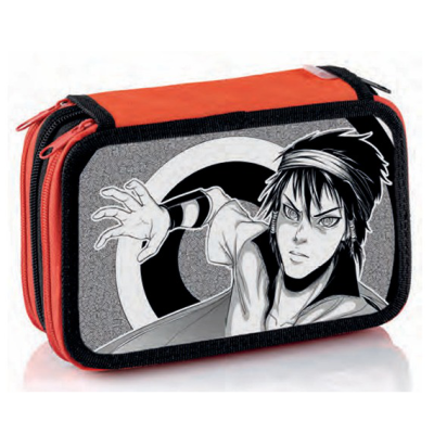 Estojo escolar vermelho com imagem de personagem manga a preto e branco