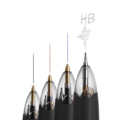 Quatro canetas com diferentes cores de tinta em fundo branco