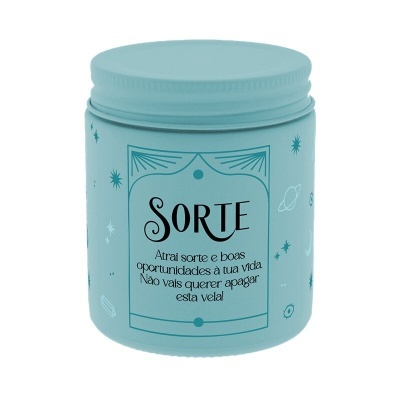 Vela azul turquesa com texto e símbolos esotéricos