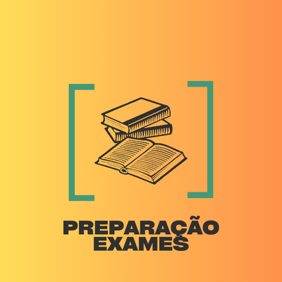 Ilustração de livros e texto 'PREPARAÇÃO EXAMES' em fundo amarelo degradê
