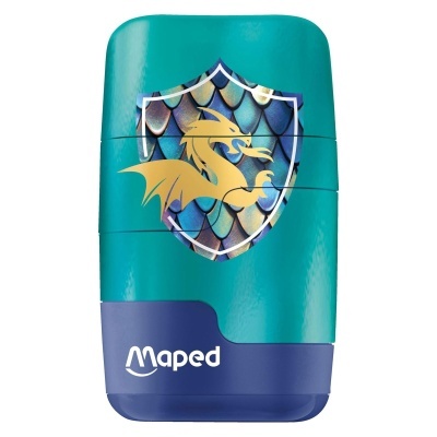 Apontador de lápis Maped azul e verde com dragão dourado