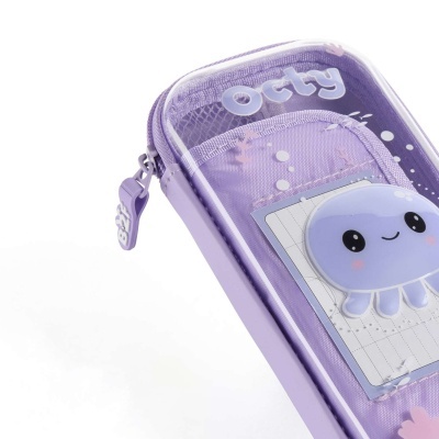 Estojo escolar roxo com fecho e figura de polvo fofa