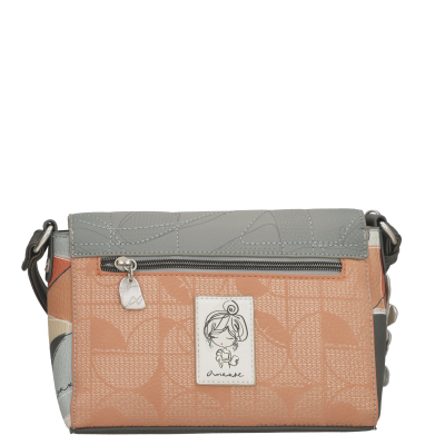 Mala de ombro bege, cinza e laranja com fecho e etiqueta Anekke