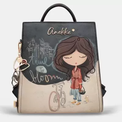 Mochila ilustrada preta e bege com menina, bicicleta e texto time to bloom