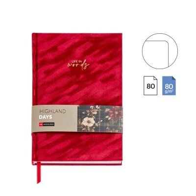 Caderno vermelho com texto LIFE IN words e faixa decorativa com flores