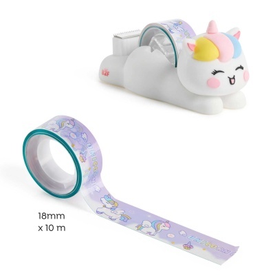 Fita decorativa lilás com unicórnios e dispensador branco em forma de unicórnio
