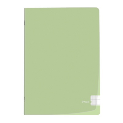 Caderno de capa rígida verde claro com detalhe branco e texto fegal