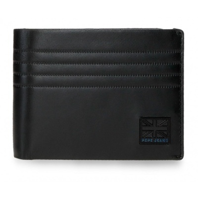 Carteira preta de couro com costura e logótipo Pepe Jeans