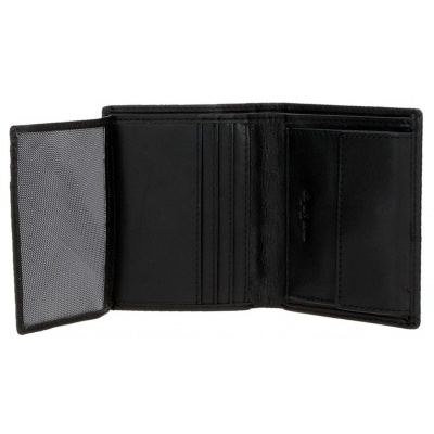 Carteira preta de couro aberta com divisórias e compartimento com rede cinzenta