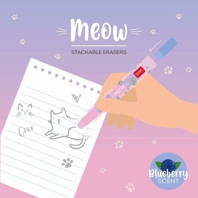 Borracha empilhável cor-de-rosa com desenhos de gatos a apagar desenho num papel pautado, fundo lilás e rosa com texto