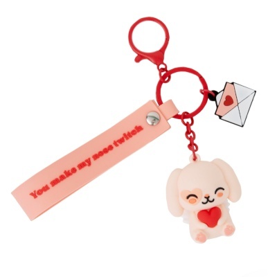 Porta-chaves com fita cor-de-rosa, pendente envelope e figura de cão cor-de-rosa