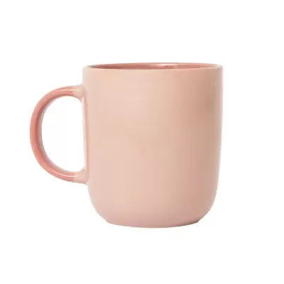 Caneca de cerâmica rosa claro com interior e pega em rosa escuro