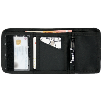 Carteira preta aberta com compartimentos para cartões, notas e fecho