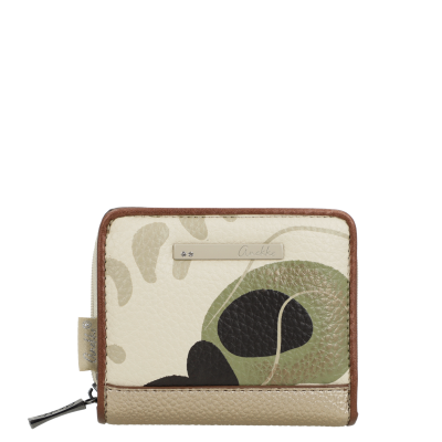 Carteira Anekke em pele sintética com padrão bege, verde e preto
