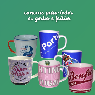 Cinco canecas coloridas com textos e gráficos variados em fundo verde