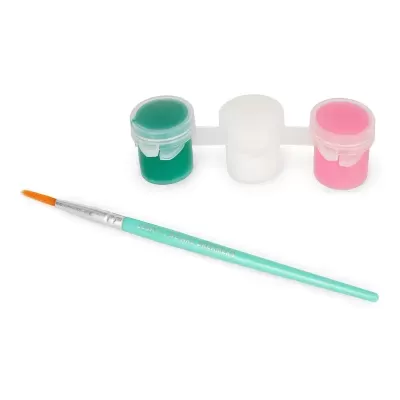 Conjunto de pintura com três recipientes de tinta e pincel