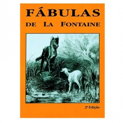 Capa de livro laranja com título e ilustração em preto e branco de um lobo e uma cabra