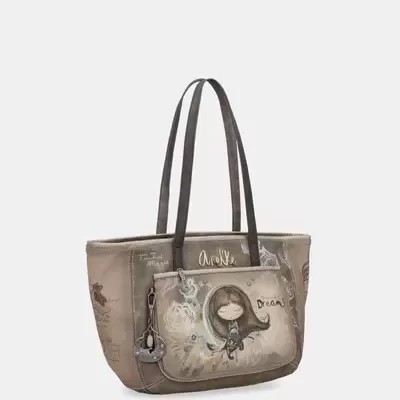 Bolsa de mão bege com alças castanhas e ilustração de rapariga com texto DREAMS e Anekke.