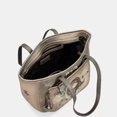 Mala de ombro bege com ilustrações e interior preto