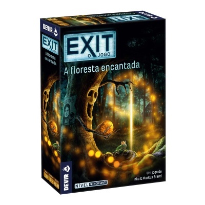 Caixa colorida do jogo EXIT - A floresta encantada com ilustração de floresta mágica