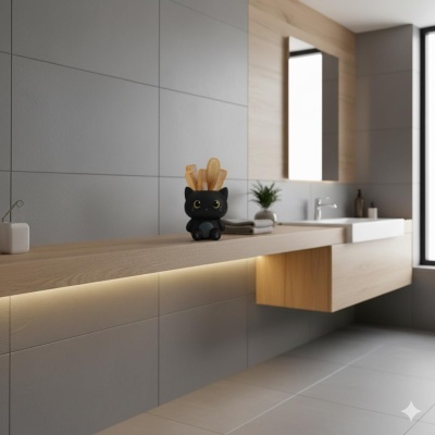 Casa de banho moderna com bancadas de madeira, vaso preto de gato e parede de azulejos cinzentos