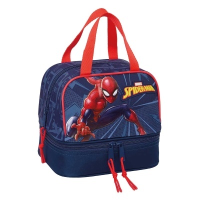 Lancheira infantil azul com imagem do Spider-Man e alças vermelhas