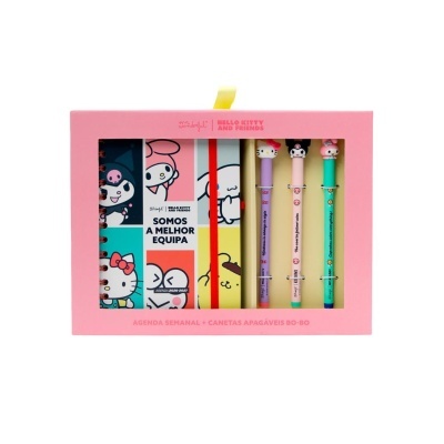 Conjunto de agenda semanal e três canetas apagáveis Hello Kitty and Friends em caixa rosa